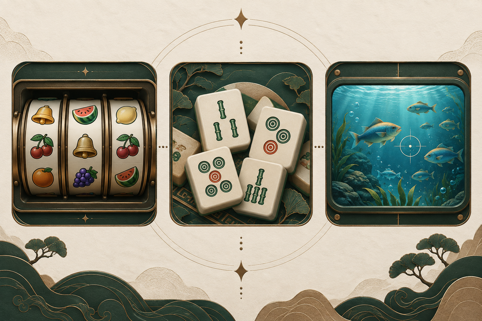 Ilustrasi konseptual tiga tema permainan: gulungan simbol, ubin mahjong, dan arena ikan.